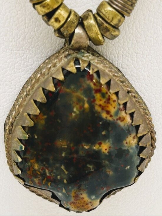 Natural Stone Jewelry - Vintage Bloodstone Jasper Pendant Necklace Green Ethnic Brass Beads Tribal